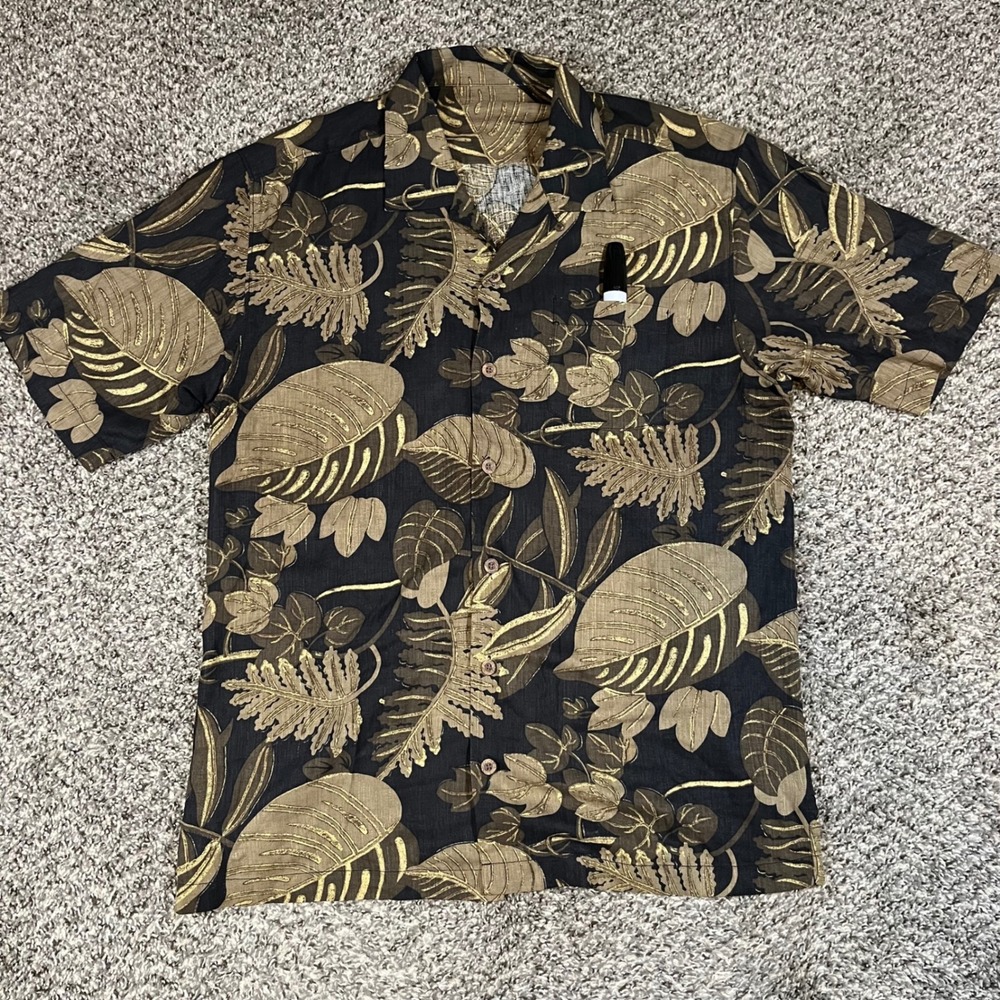 Tommy Bahama Vintage 100% Silk Tropical Leaf Print Camp Shirt Mens Medium Brown